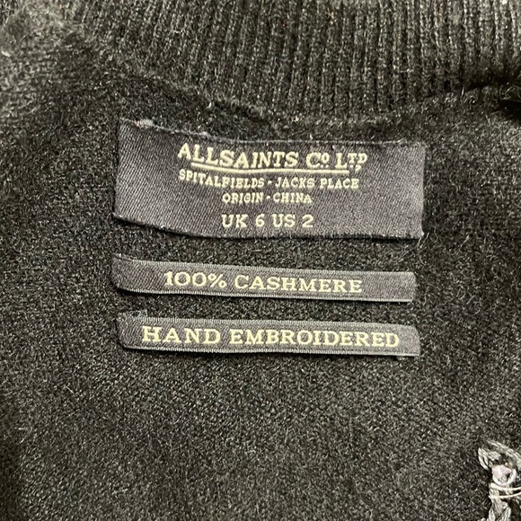 ALL SAINTS black 100% cashmere embroidered Rebels cardigan, size 2 - Picture 2 of 8